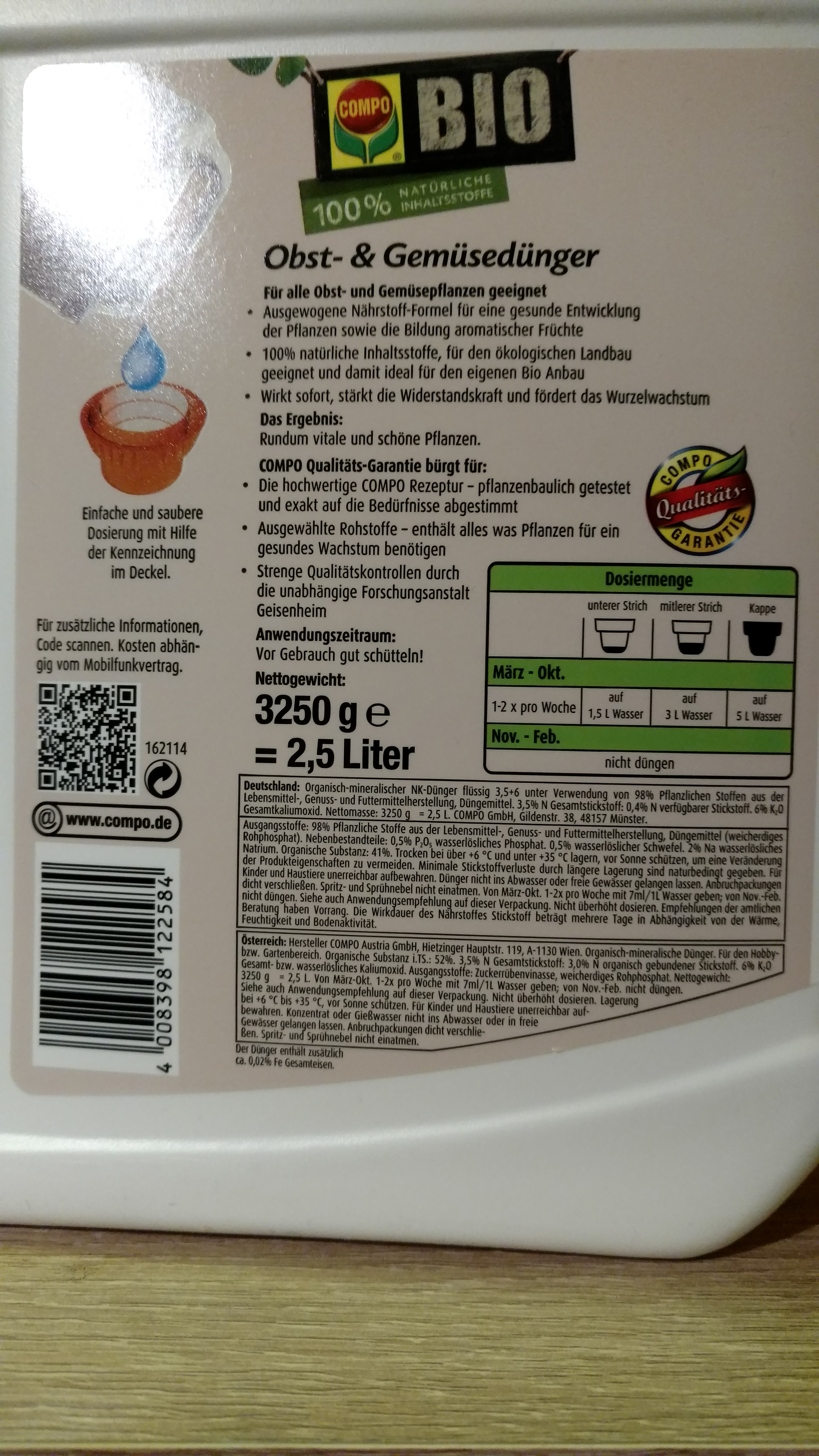 COMPO BIO Obst- und Gemüsedünger Rückseite